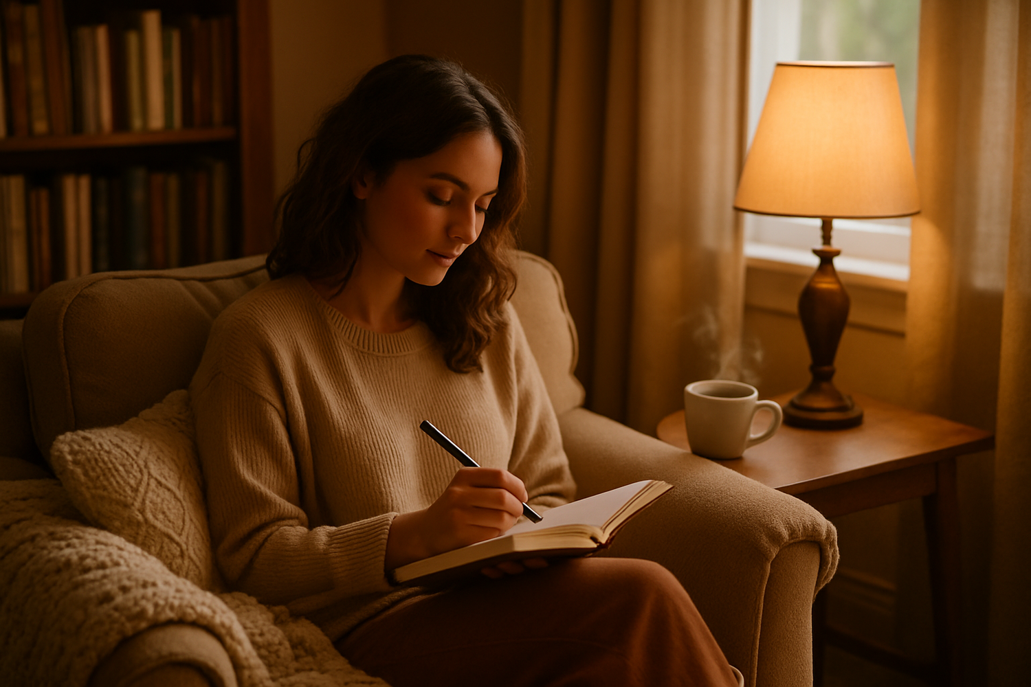 A woman journaling in a soft, inviting, cozy space