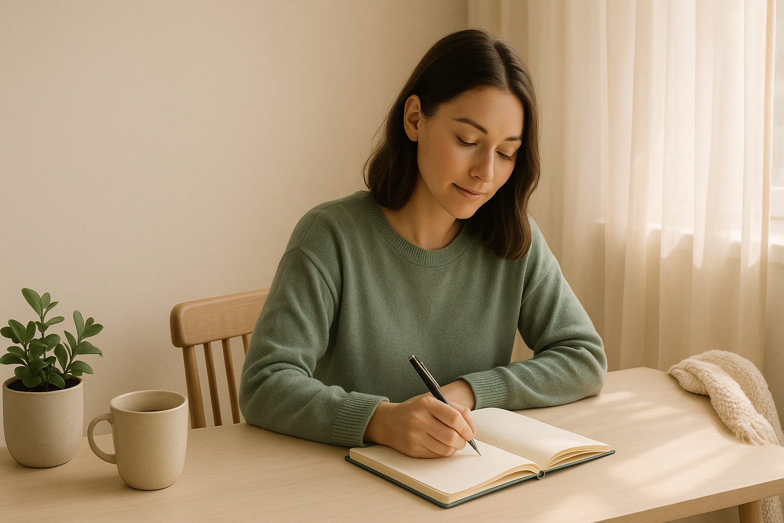 Create a warm, calming, minimalist banner image of a woman journaling at a clean desk with soft natural light, gentle shadows, neutral background tones, subtle cozy props, and enough empty space for overlay text. Colors should complement teal and sage, evoking empowerment, reflection, and healing. image should be realistic 